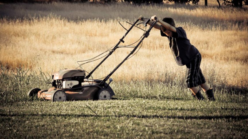Un garçon pousse une tondeuse, décrivant les inconvénients d'un terrain en herbe.