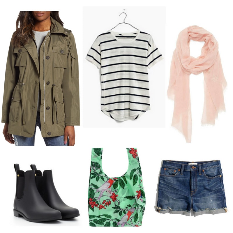 Quoi porter par temps pluvieux: tenue décontractée pour une journée pluvieuse chaude avec anorak, t-shirt rayé, écharpe rose, découpes, sac en nylon, bottes de pluie noires à la cheville