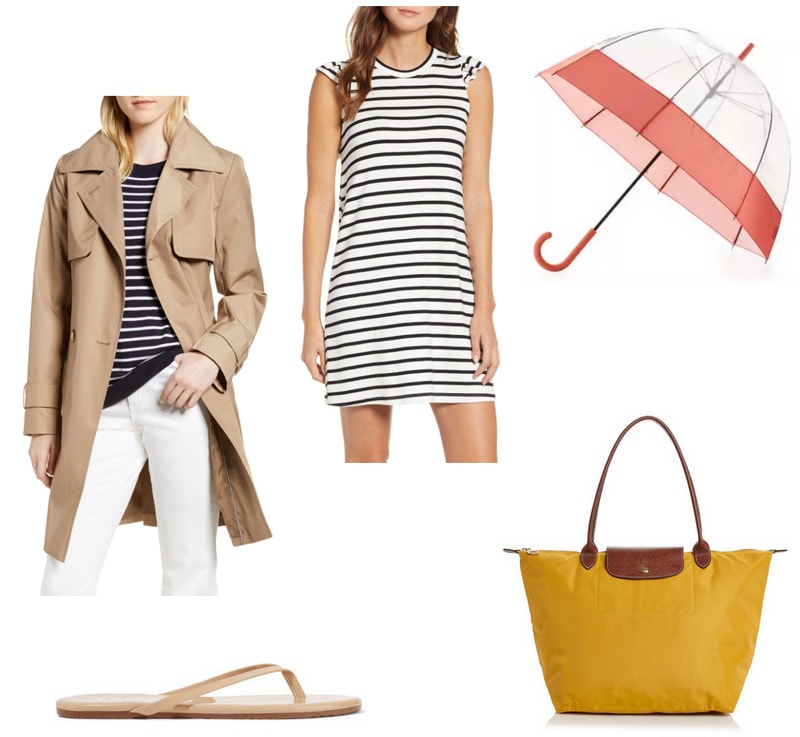Tenue chaude de jour de pluie avec trench-coat classique, robe de chemise à rayures, tongs en cuir verni, parapluie à bulles de corail, fourre-tout Longchamp à la moutarde