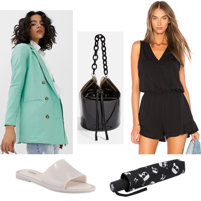 Tenue tendance de jour de pluie avec barboteuse noire, blazer vert trop grand, glissières imperméables, sac seau en PU, parapluie