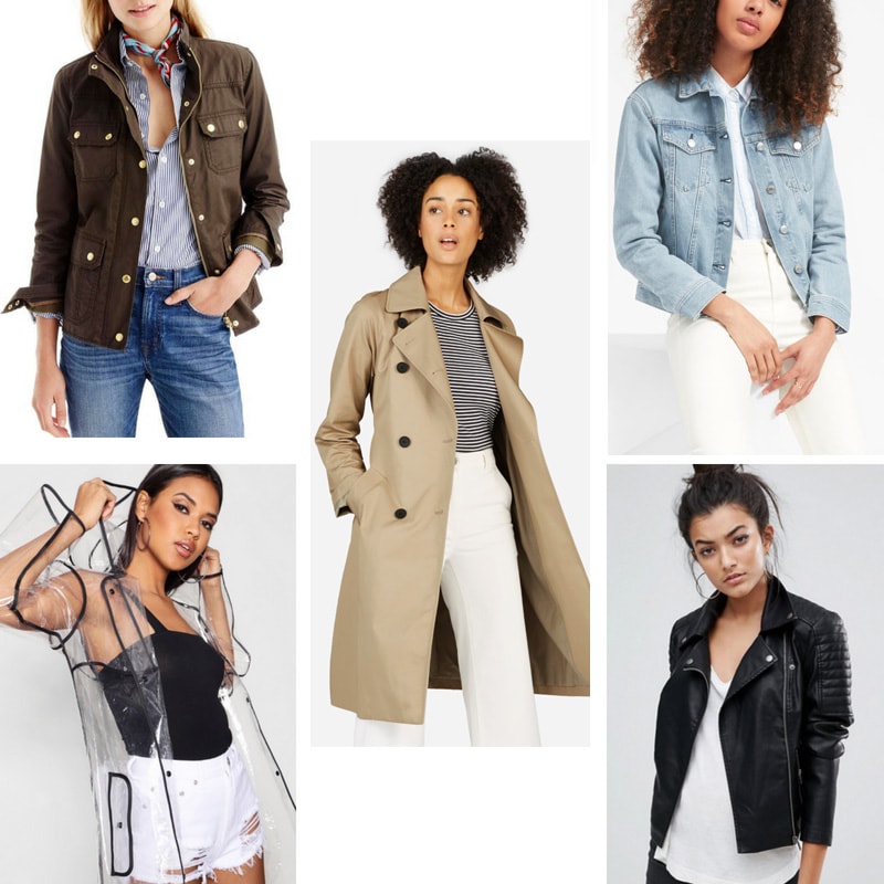 Vêtements de pluie: veste militaire, trench-coat classique, veste en jean, veste de pluie transparente, veste de moto