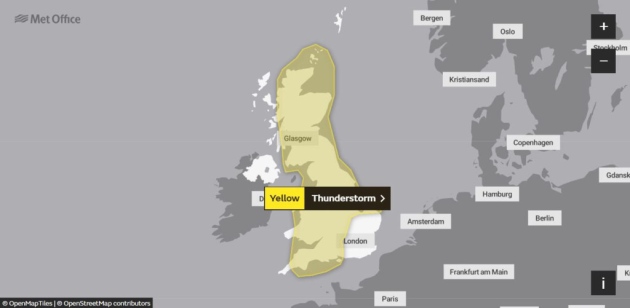 Des avertissements d'orages jaunes sont en place dans le Cambridgeshire. Image: Met Office