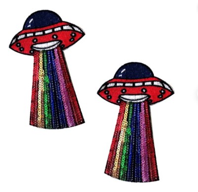 Cache-tétons UFO qui sont tissés, avec des rayons tracteurs à paillettes arc-en-ciel